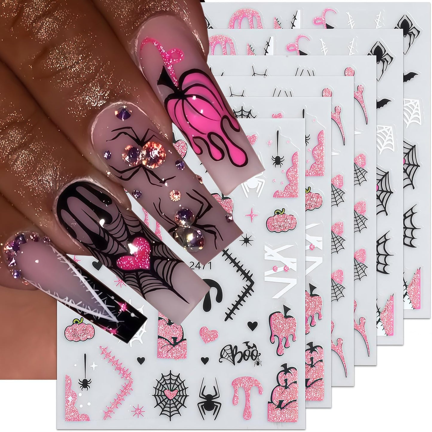 6 Sheets Halloween Nail Stickers for Nail Art 3D Self-Adhesive Pink Glitter and Black Spider Web Spider Pumpkin Bat Pattern Nail Art Stickers Holiday DIY Manicure Tips Nails Accessories for Women