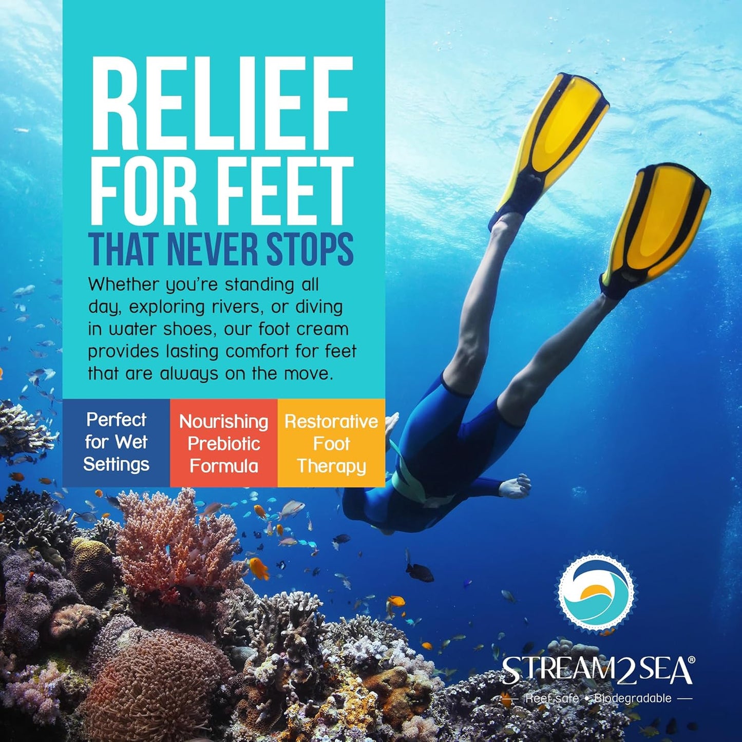 STREAM 2 SEA Active Foot Cream, Intensive Support for Active & Often Wet Feet - Softens Cracked Heels, Calluses & Dry Skin, Enriched with Neem and Tea Tree, Fast-absorbing and Non-greasy - 3 Fl oz