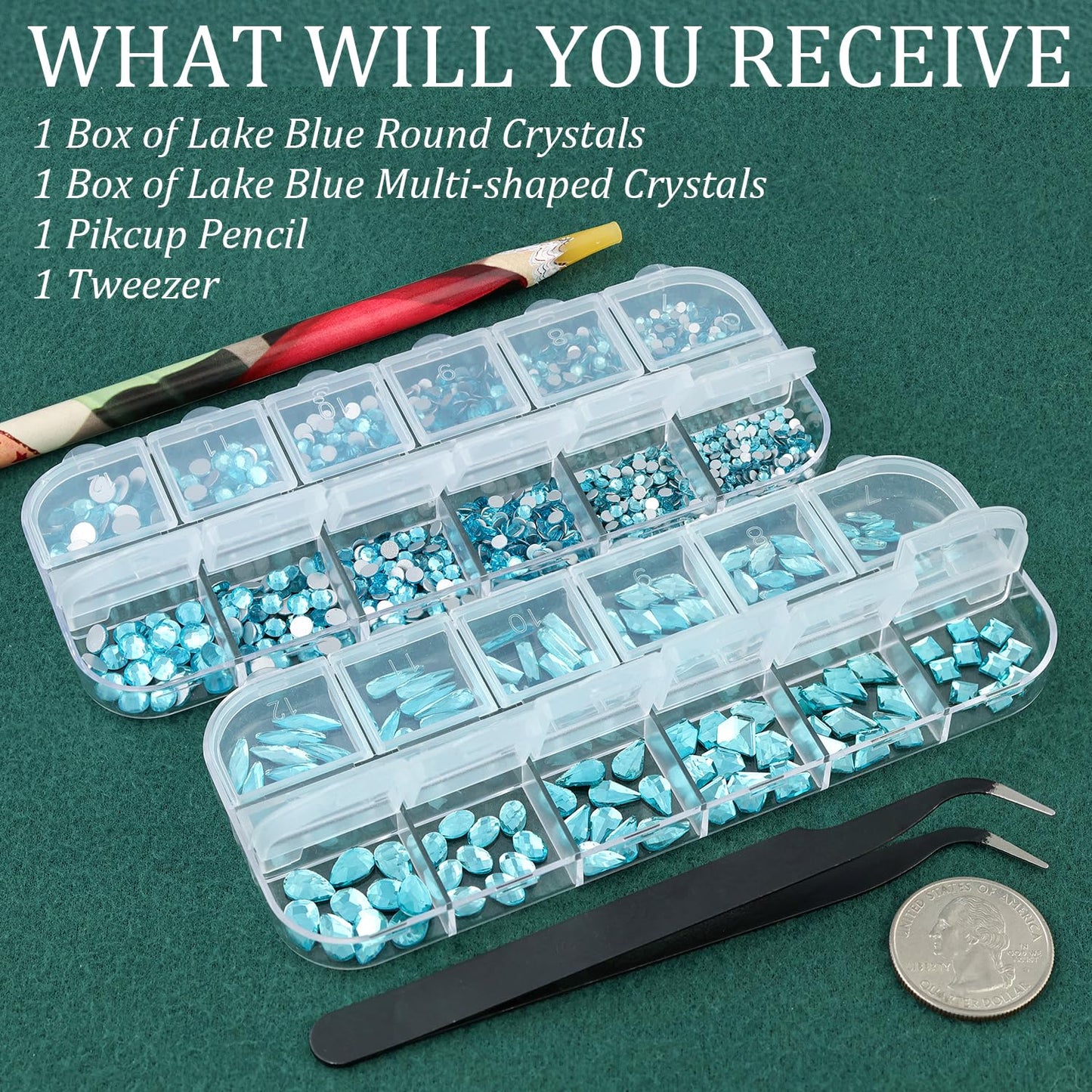 Multi Shapes Lake Blue 3D Glass Crystal Nail Art Rhinestones Kit with Flatback Round Bead Charm Gem Stone Jewelry Diamond with Pickup Pen + Tweezer for Manicure Makeup DIY Craft Decoration