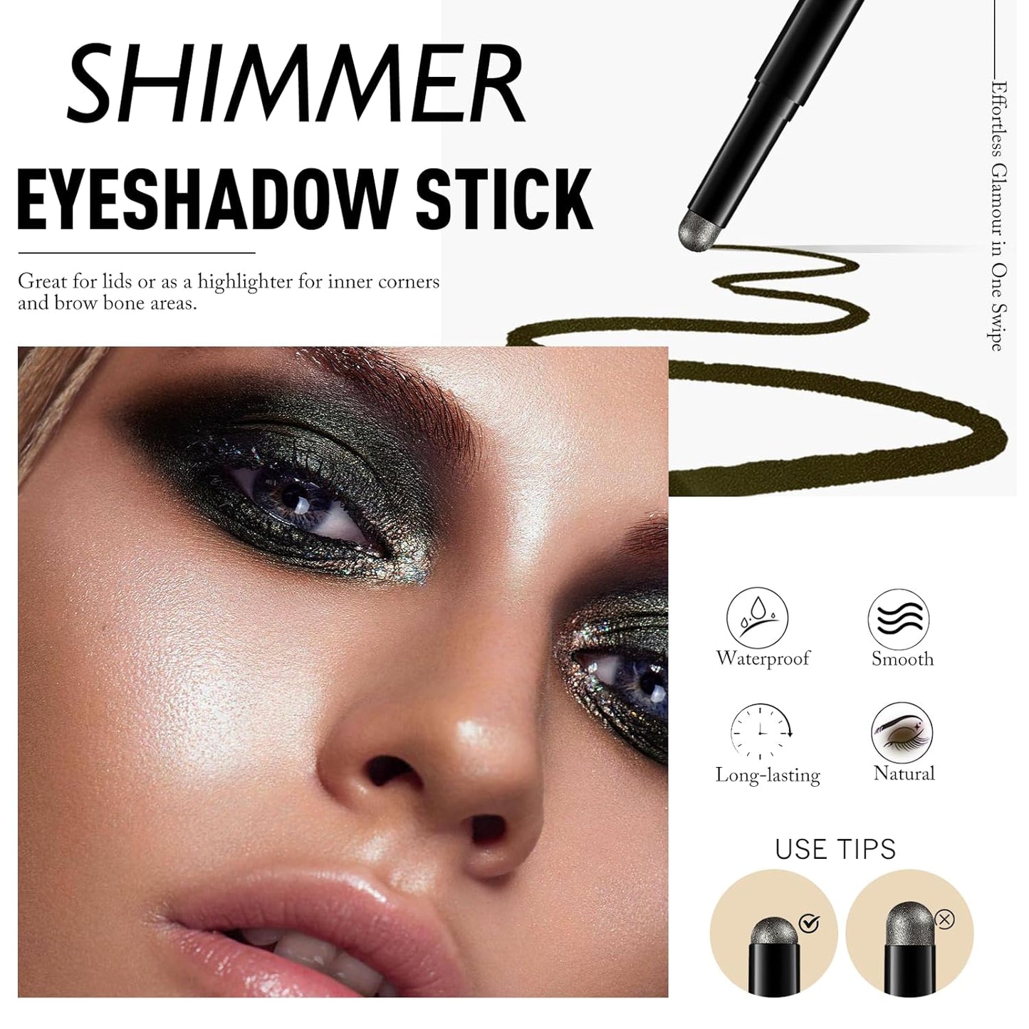 Black Shimmer Eyeshadow Stick, Waterproof Cream Eye Shadow Pencil Long-Lasting Crease-Proof Glitter Eyeshadow Crayon Smooth High Pigmented Highlighter Blendable Neutral Eye Shadow Liner Makeup