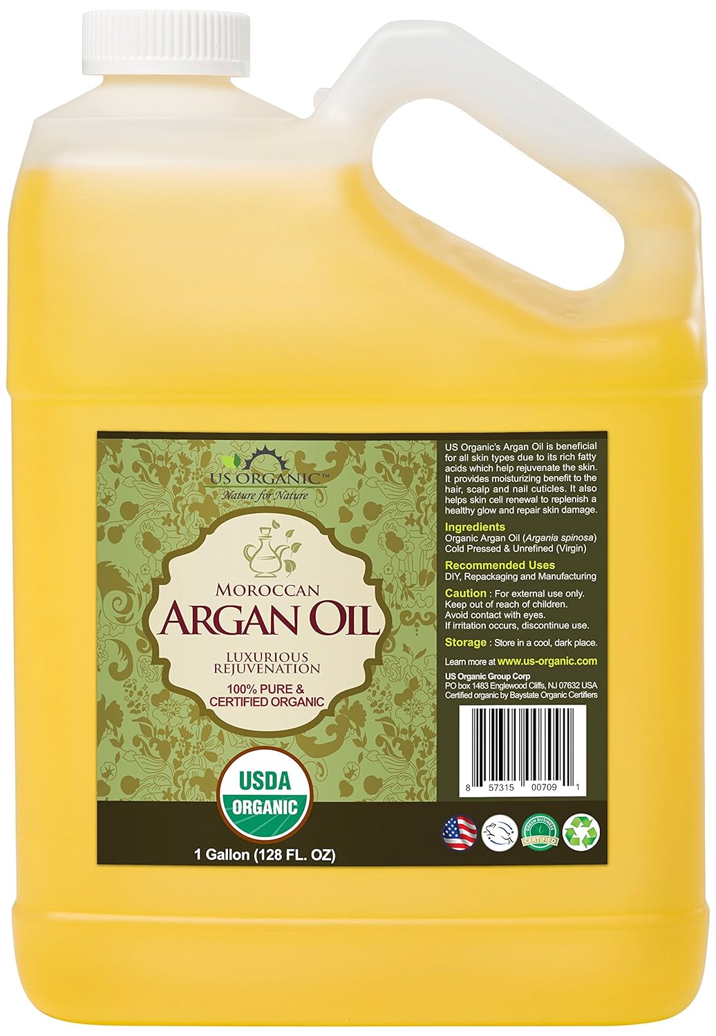 US Organic Moroccan Argan Oil, USDA Certified Organic,100% Pure & Natural, Cold Pressed Virgin, Unrefined, Origin_Morocco, Size for DIY and small manufacturers (128 oz (1 Gallon))