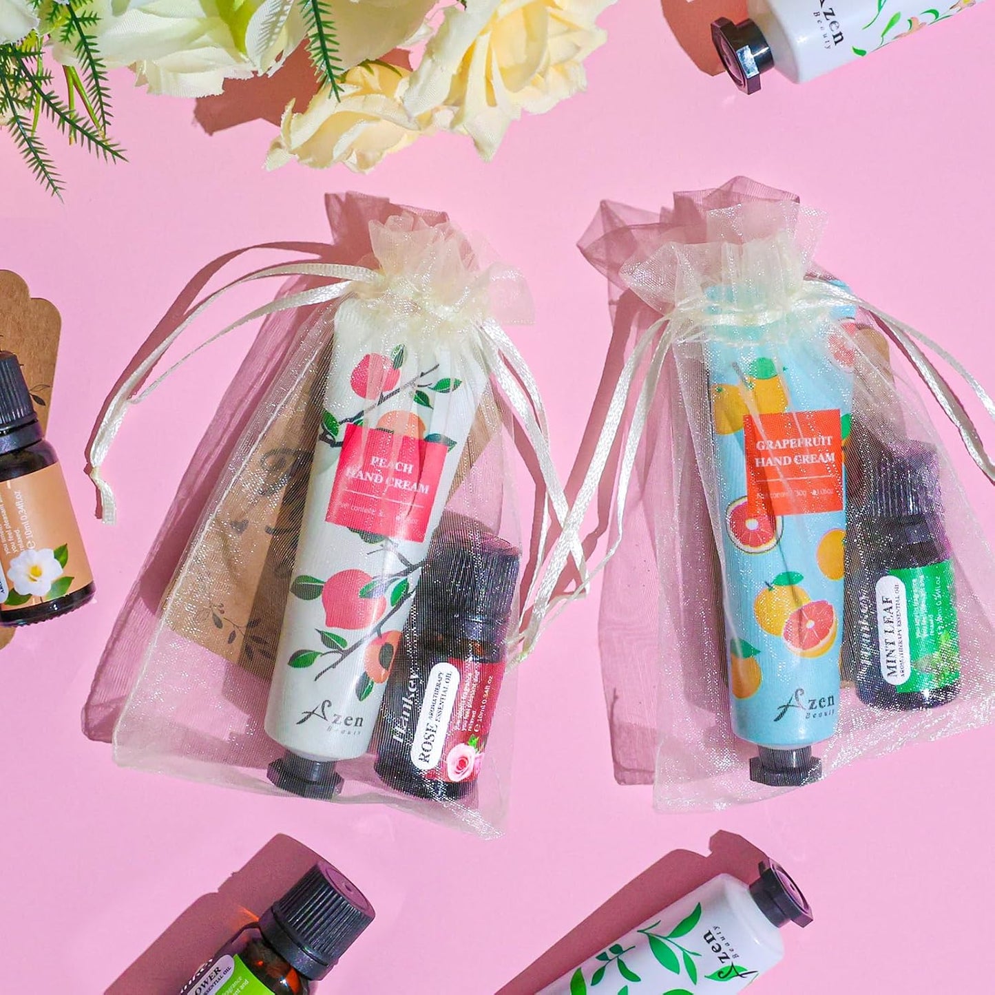 AZEN 30 Sets Bulk Gifts, Hand Cream and Essential Oils Bulk Set with Organza Bag Thank You Card, Baby Shower Wedding Gifts for Guests, Bridal Wedding Favors for Guests,Thank You Gifts for Women