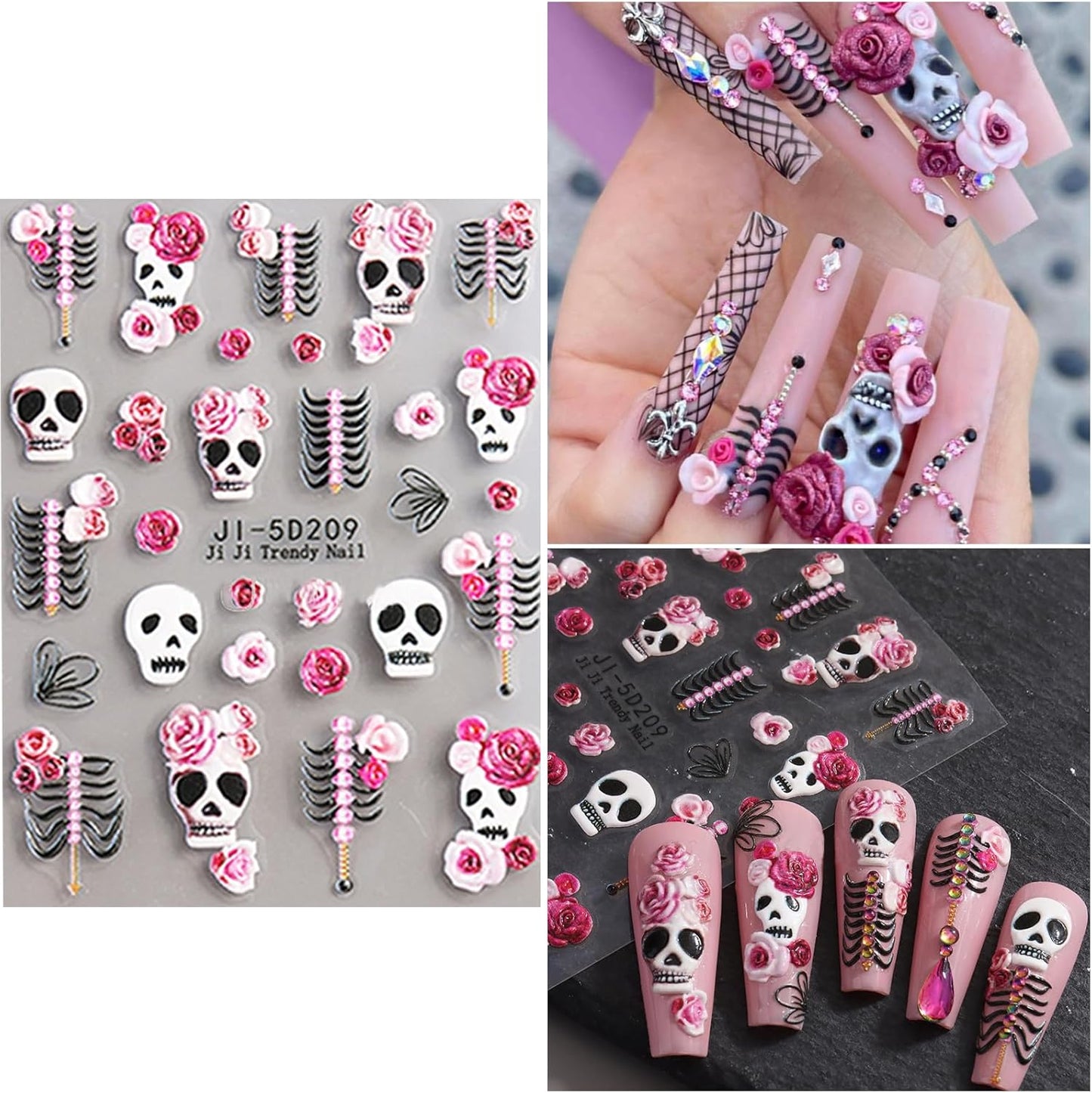 VOTACOS 5 Sheets Halloween Nail Art Stickers Decals 5D Nail Decals Gold White Bone Pattern Sticker Self-Adhesive Skull Nails Supplies Accessories 3for Women Halloween Nails DIY Decoration