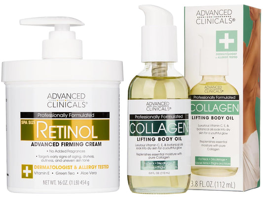 Advanced Clinicals Retinol Body Lotion + Collagen Body Oil 2pc Skincare Set For Women & Men | Fragrance Free Retinol Lotion + Collagen Massage Body Oil To Improve Appearance Of Crepey Skin, 2pc Set