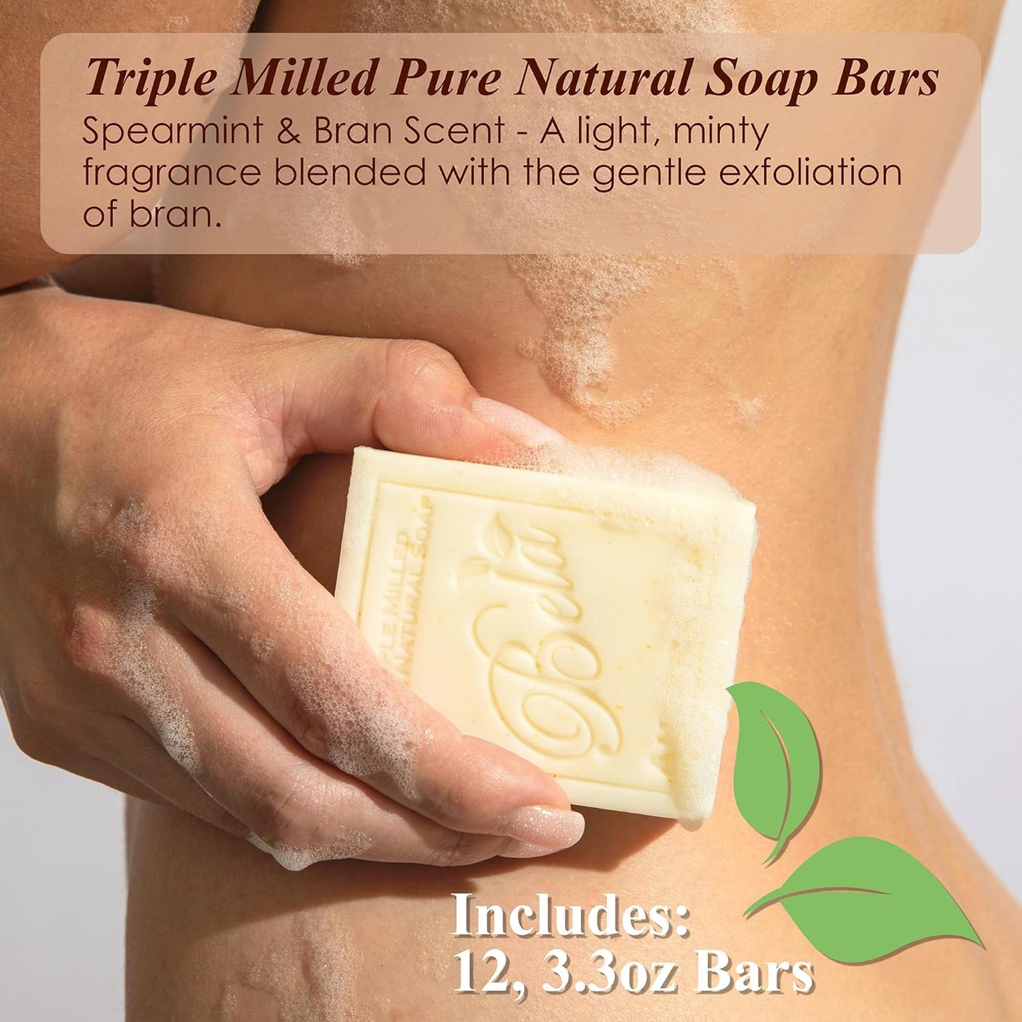 BELA Spearmint and Bran Soap 3.3 OZ Pack of 12, Long Lasting French Triple Milled Bar Soap with Organic Shea Butter, Hand, Face and Body Wash Bar, Made in Australia