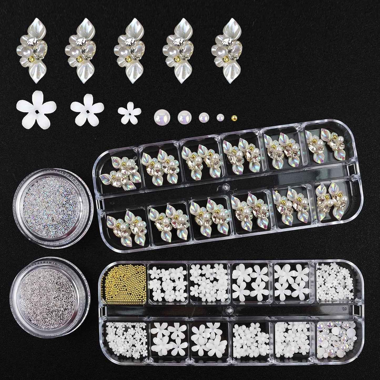 Rhinestones for Nails, Nail Art Charms 3D Flower Nail Charms for Acrylic Nails White Gold Supplies Luxurious Gems Rhinestones Pearls Design Accessories for Women Manicure Decorations