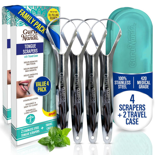 GuruNanda Tongue Scraper for Adults (4-Pack) with Travel Case, 420 Medical Grade Stainless Steel, Aids in Fresh Breath & Oral Care - Travel-Friendly