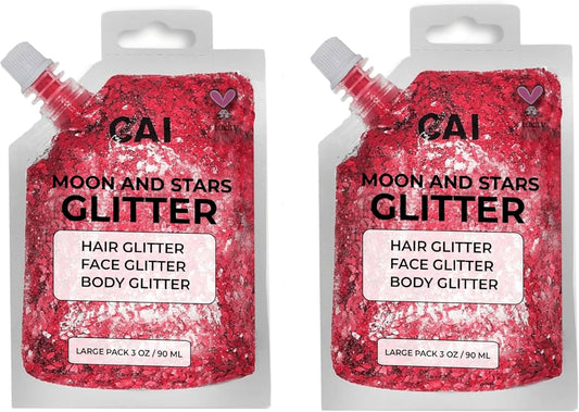 Face, Body & Hair Glitter Gel – Halloween Glitter for Kids and Women – 3 Oz Cosmetic-Grade Gel w/Moon & Stars for Festivals & Halloween Party, Easy Apply & Wash Off - Red 2Pack