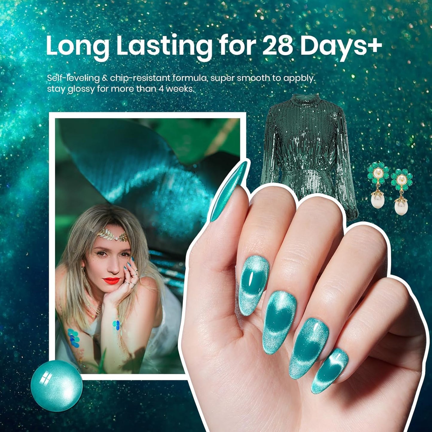 Beetles Green Cat Eye Gel Nail Polish - 15M Green Glass Cat Eye Gel Polish with Magnet Shimmer Translucent Sheer Color Soak Off UV Teal Radiance Series French Nail Art Gift for Women