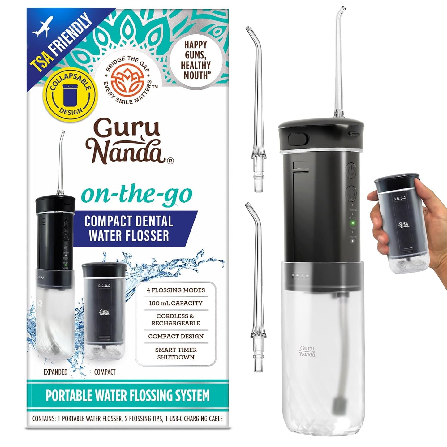 GuruNanda Compact Water Dental Flosser, Portable Travel Size Oral Irrigator Flosser with Collapsible 180 ml Tank, Smart Timer, 4 Flossing Modes, TSA-Approved - Black