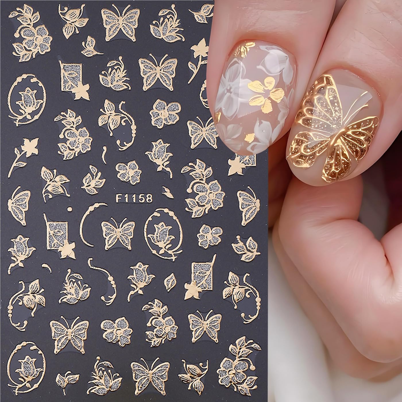 Fall Maple Leaves Nail Art Stickers for Thanksgiving, Gold Maple Leaves Nail Decals 3D Self-Adhesive with Flowers Butterfly Design 6Pcs French Tip Glitter Nail Art Supplies for Women Nail Decoration