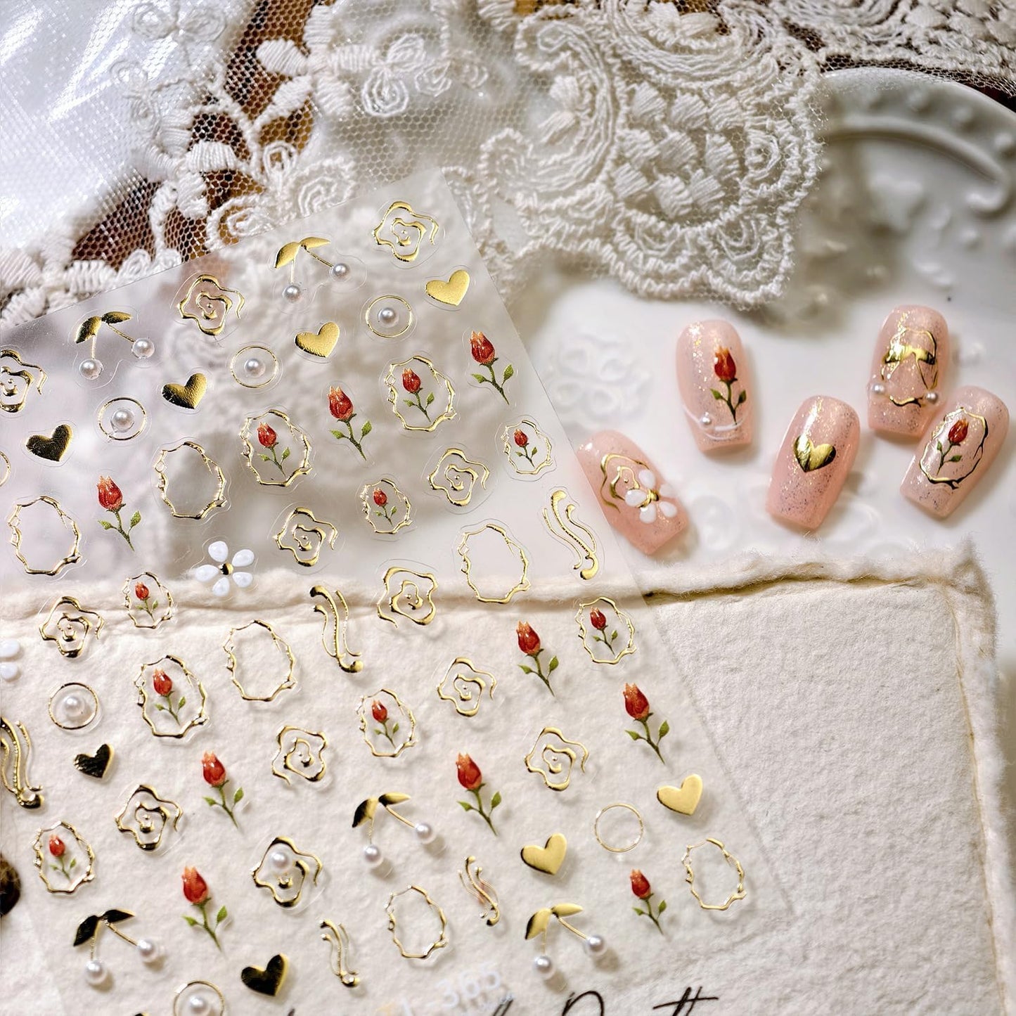 Tulip Nail Art Stickers 5D Embossed Flower Pearl Cherry Nail Stickers, Self-Adhesive Durable Nail Art Decals for Women Girls, Nail Wraps Decoration Manicure for DIY Acrylic Nail Accessories