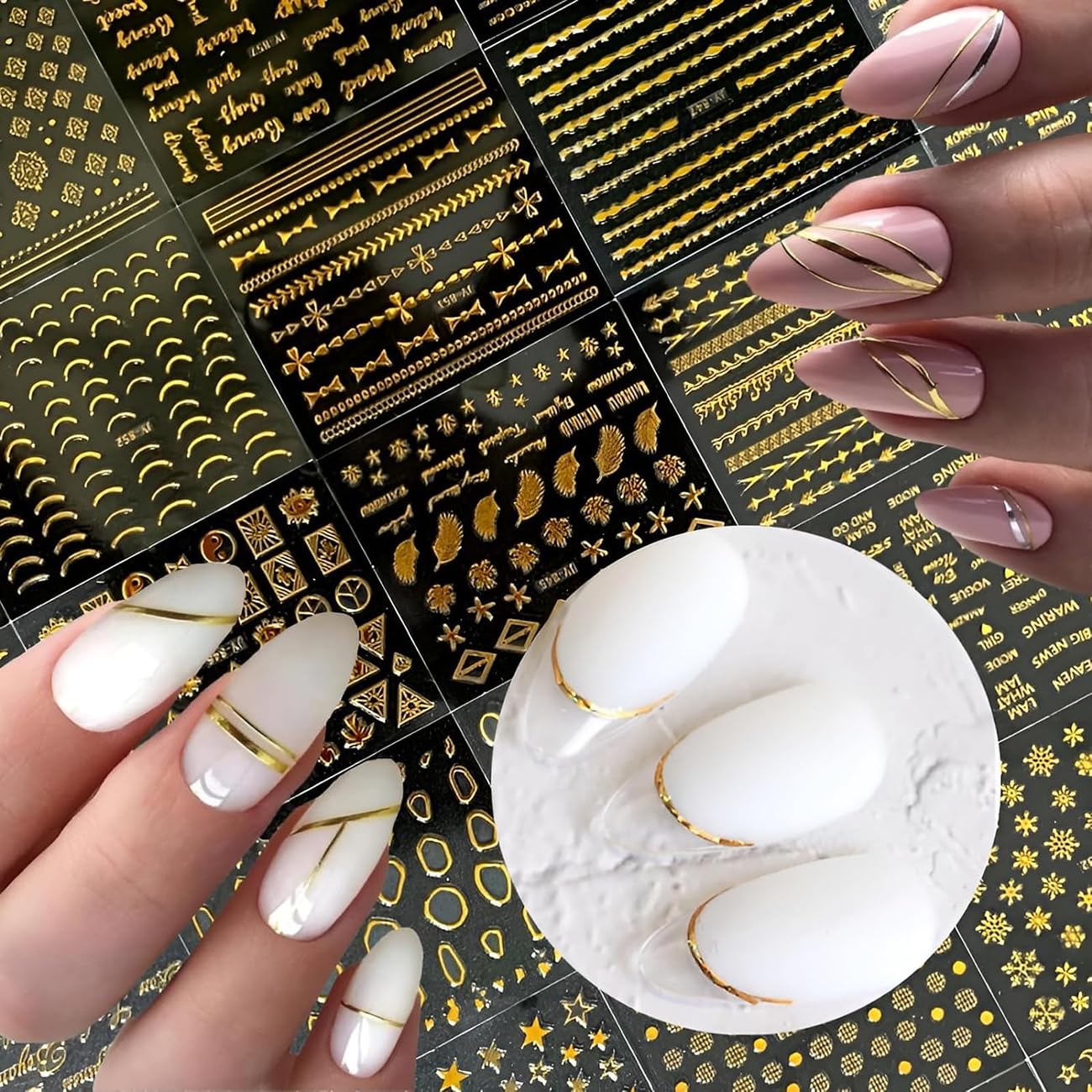 30 Sheets Gold Nail Art Stickers 3D Self-Adhesive Nail Decals Gold Line Star Moon Nail Stickers for Acrylic Nails Gold Stamp English Letter Nail Stickers Gold Leaf Diamond Nail Supplies for Women