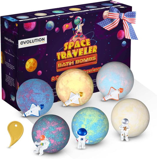 EvolutionUSA Space Bath Bombs for Boys & Girls, 6 Planet Bath Balls with Toy Hidden Inside, Organic Hypoallerganic Childrens Bathbombs, Cosmic Fun Space Surprise, Gift Set Birthday, Christmas, Easter