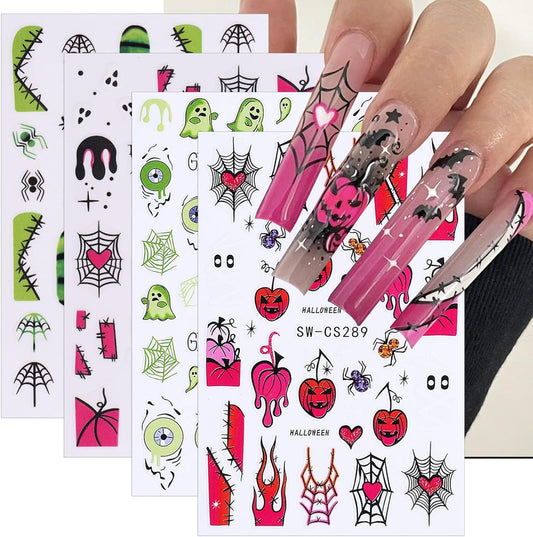 Spooky Halloween Nail Stickers Fall Nail Decals Spider Web Bat Eyes Ghosts Design Holiday Nail Art Supplies Nail Adhesive Sticker Halloween Nail Art Charms Decorations DIY Manicure Accessories 4PCS