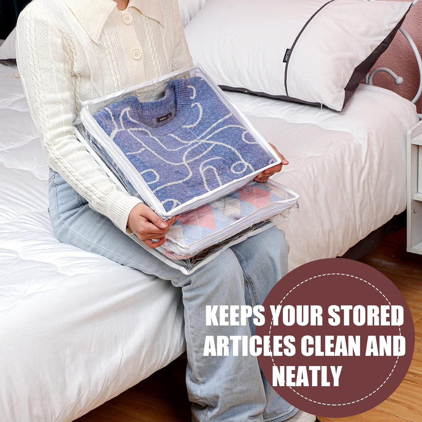 Hoolerry 6 Pieces Sweater Storage Bags Plastic Clear PVC Clothes Storage Bags with Zipper and Label for Blankets Clothes Closet Quilt Pillow Bed Sheet Organizer(14.2 x 12 x 3.2 Inch)