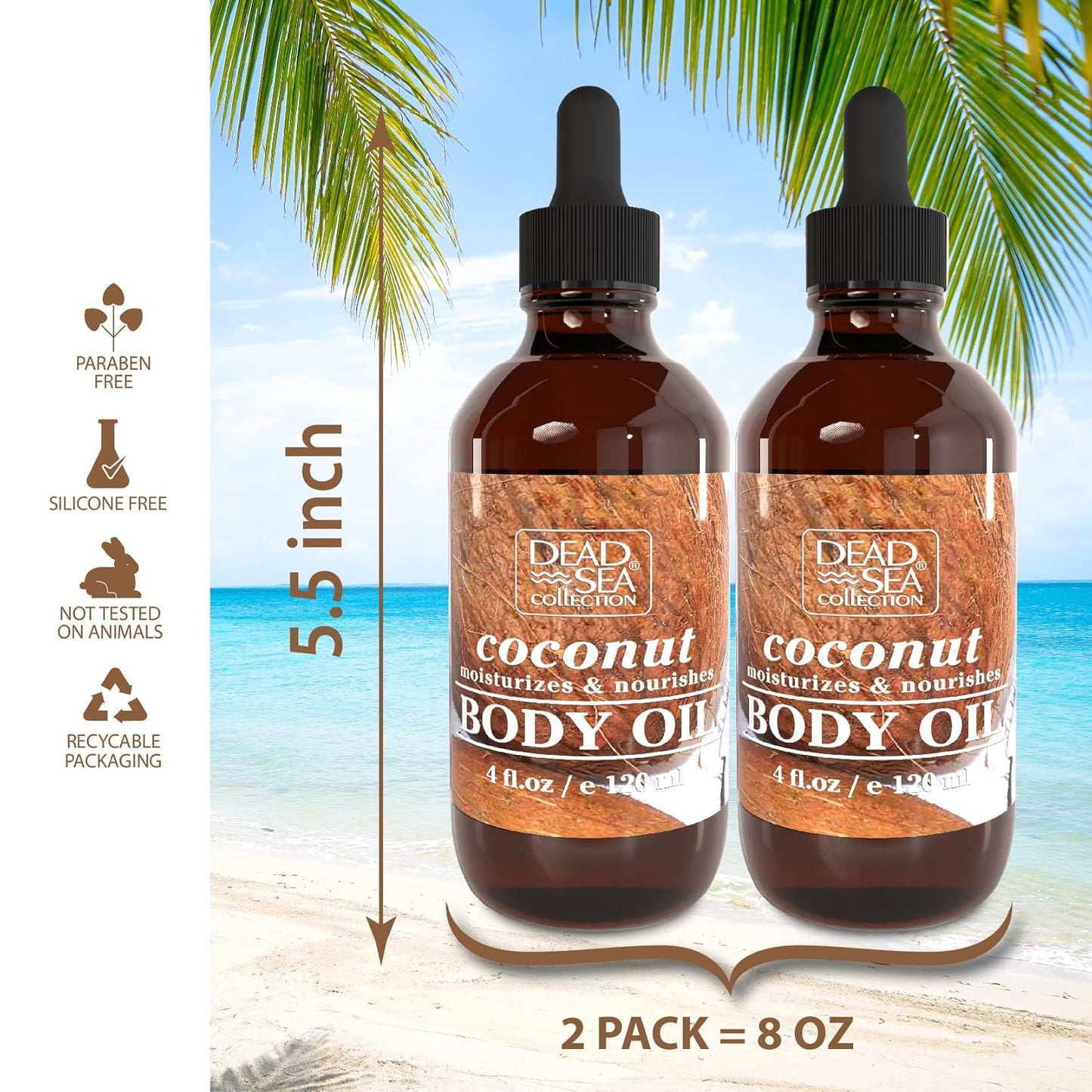 Dead Sea Collection Body Oil for Dry Skin- Scented Coconut – Vitamin E Moisturizing & Nourishing, Anti-Aging & Skin Elasticity Support for Face Pack of 2 (4 Fl. Oz Each)