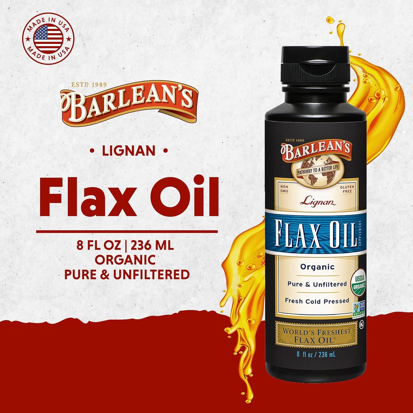 Barlean's Organic Lignan Flaxseed Oil Liquid Supplement from Cold Pressed Flax Seeds, 7,230 mg ALA Omega-3 Fatty Acids for Skin and Hair Care, Vegan & Gluten Free, 8 oz