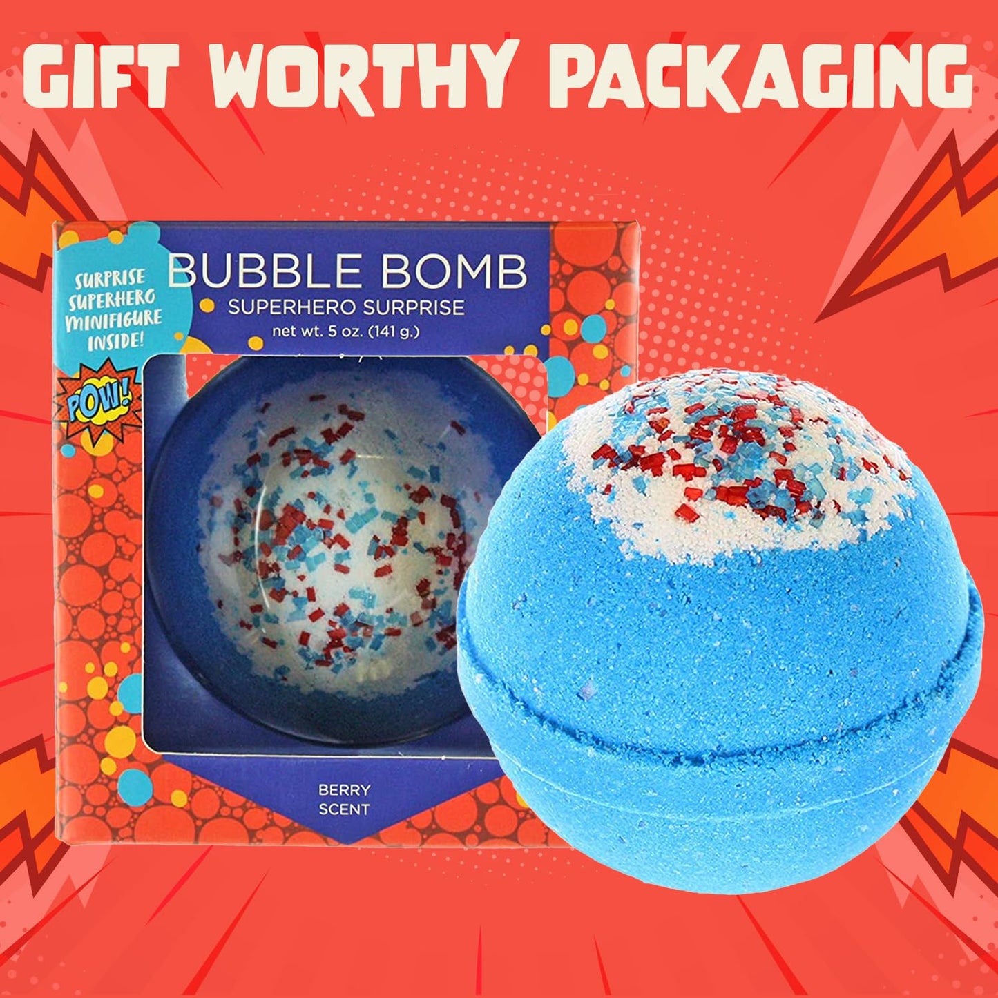 Superhero Bath Bombs for Kids & Boys with Surprise Hero Toys Inside (1 Pack) - Large Bubble Bomb for Boys & Girls - Gift for Children & Boo Basket Stuffer for Boys, USA Made by Two Sisters