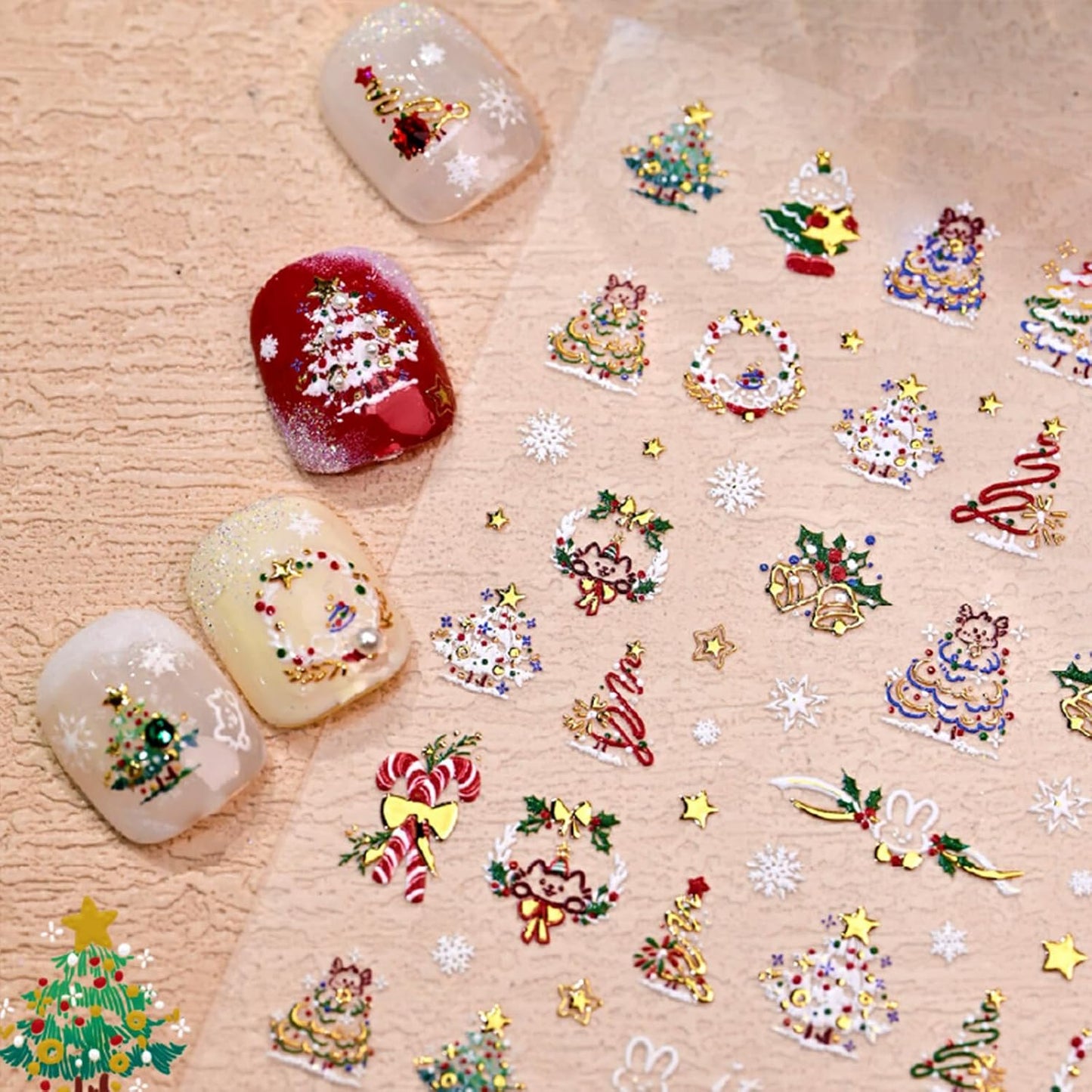 Christmas Nail Stickers for Nail Art Christmas Tree Wreath Bell Candy Glitter Gold Nail Art Stickers 5D Embossed Winter Nail Decals 3D Self-Adhesive Nails Supply Manicure Sliders for Nails Decoration