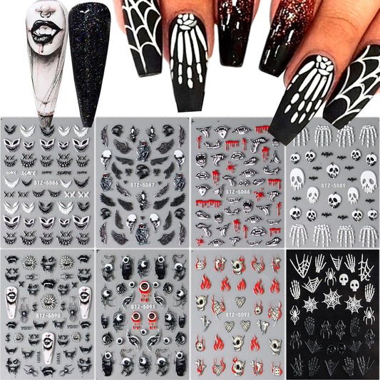 8 Sheets Halloween Nail Art Stickers Goth Ghost Nail Decals 3D Self-Adhesive Skeleton Skull Spider Nail Stickers 5D Black Wing Nail Supplies Halloween Nail Design Stickers for DIY French Manicure