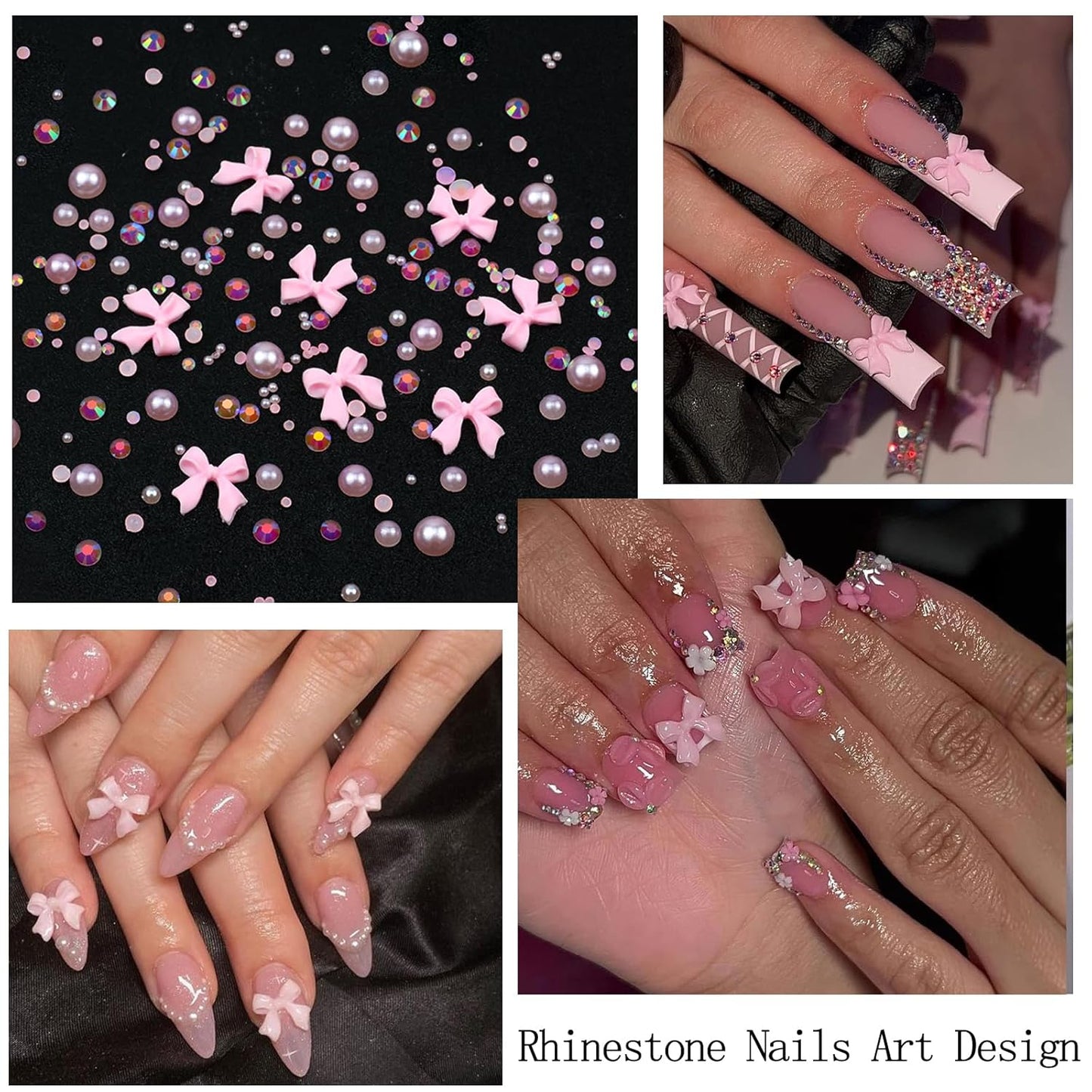 Nail Art Rhinestones Pink Bows Nail Charms Resin Clear Jelly Rhinestones Pearls Glitter Supplies Crystal Gems Mimi Diamond Accessories for Women Manicure Decorations Design