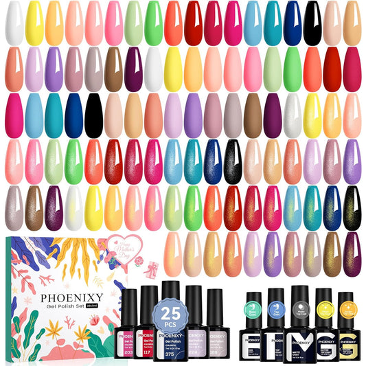 Phoenixy 30 PCS Gel Nail Polish 25 Colors Gel Nail Polish Set with Base Coat Glossy Matte and Glitter Top Coat Pink Red Green Starter Gift for Women - PCB9041