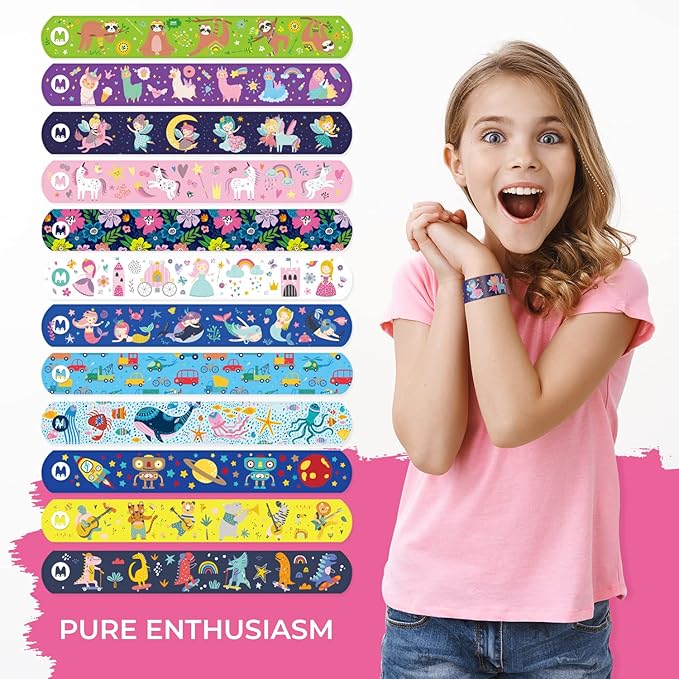 Magicat Premium Slap Bracelets - 12 Fun Snap Bracelets for Kids - Girls and Boys Birthday Party Gift, Classroom Prizes and Basket Stuffers - Slap Bracelets for Kids - Unicorn, Robot, Princess