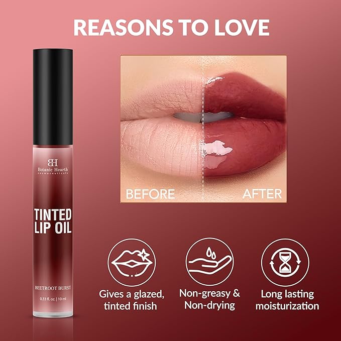 Botanic Hearth Tinted Lip Oil | Moisturizing Lip Gloss Oil for Dry Lips | Deep Red Gloss | Lightweight & Non Greasy | 0.3fl oz