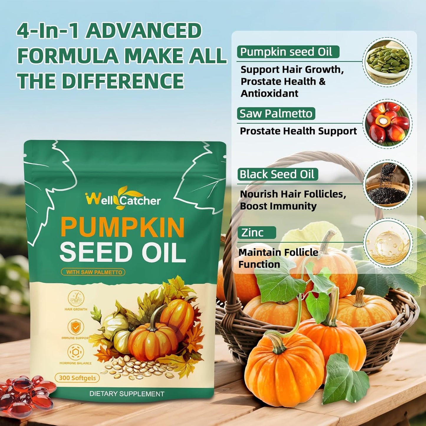 Pumpkin Seed Oil with Saw Palmetto Softgels: Organic 3000mg Pumpkin Seed Oil Capsules Cold Pressed for Hair Growth Bladder & Prostate Health Support with Black Seed Oil Zinc Per Serving 100 Servings