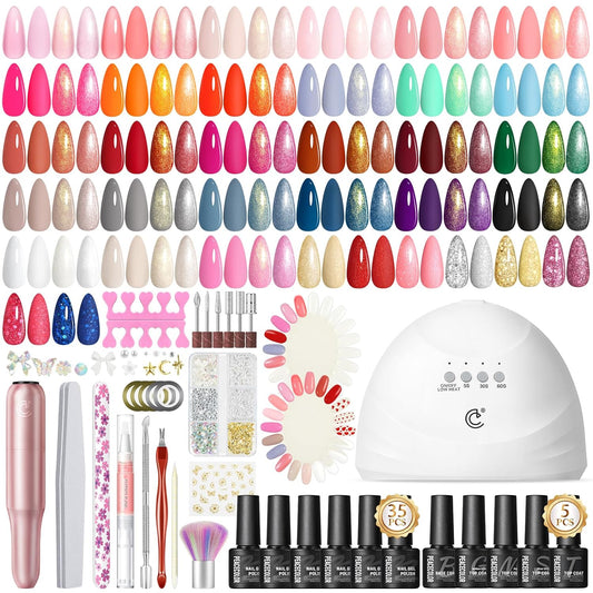 Peacecolor 59PCs Gel Nail Polish Kit with U V Light and Drill 35 Colors Gel Polish Kit with 5PC Matte/Glossy/Glitter Top Base Coat Nail Art Rhinestone Stickers Manicure Kit Gifts for Women