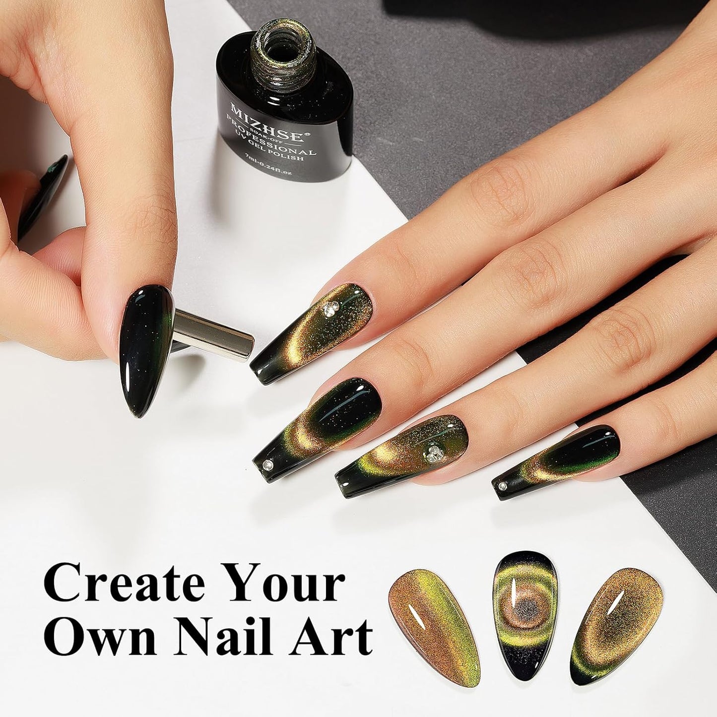 MIZHSE 9D Cat Eye Gel Nail Polish, Brown to Greed Magnetic Gel Polish with Magnet Stick, Galaxy Effect Holographic Cateye Nail Gel Soak Off Nail Art Manicure Home