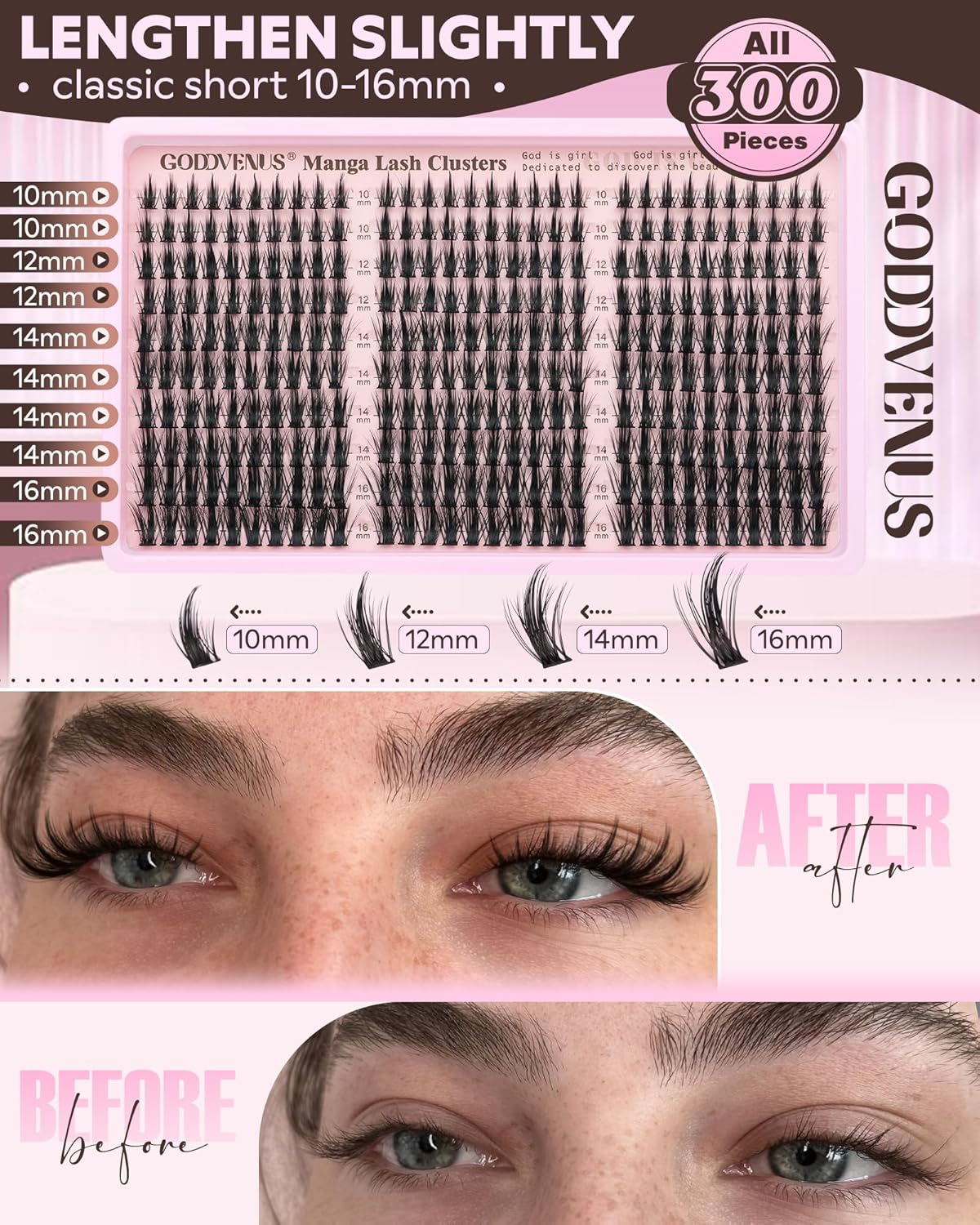 Manga Lash Clusters Kit Natural 300 Pcs Cluster Eyelash Extensions Kit Wispy Fairy Fluffy Eyelash Clusters Anime Cosplay Individual Lash Extensions Kit CC Curve 10-16mm