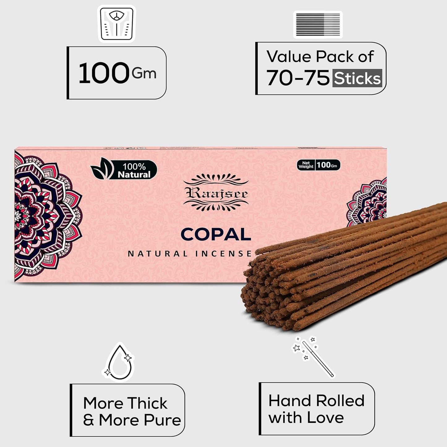 100% Natural Copal Incense Sticks 100 gm Pack, Charcoal Free –– Organic Non Toxic Insence Sticks, Made with Flowers - Meditation Gifts for Spiritual Cleansing