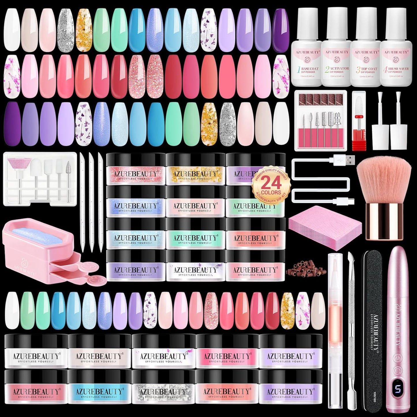 AZUREBEAUTY Dip Powder Nail Kit with Electric Nail Drill 24 Colors Pink Pastel Blue Purple Nails Starter Kit with Dip Liquids Base Top Coat Activator Portable Manicure French Nail Art Essential Set