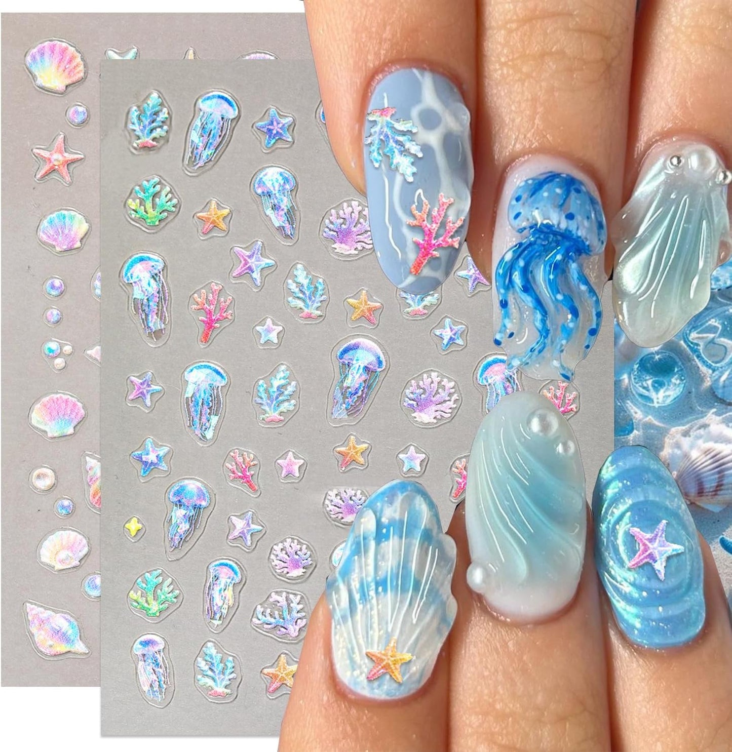 Shell Nail Stickers Jellyfish Nail Decals Starfish Nail Stickers for Nails Art Rainbow Conch Corals Design Summer Colorful Nails Art Sticker for Women Decoration Manicure Supplies 2 Sheet