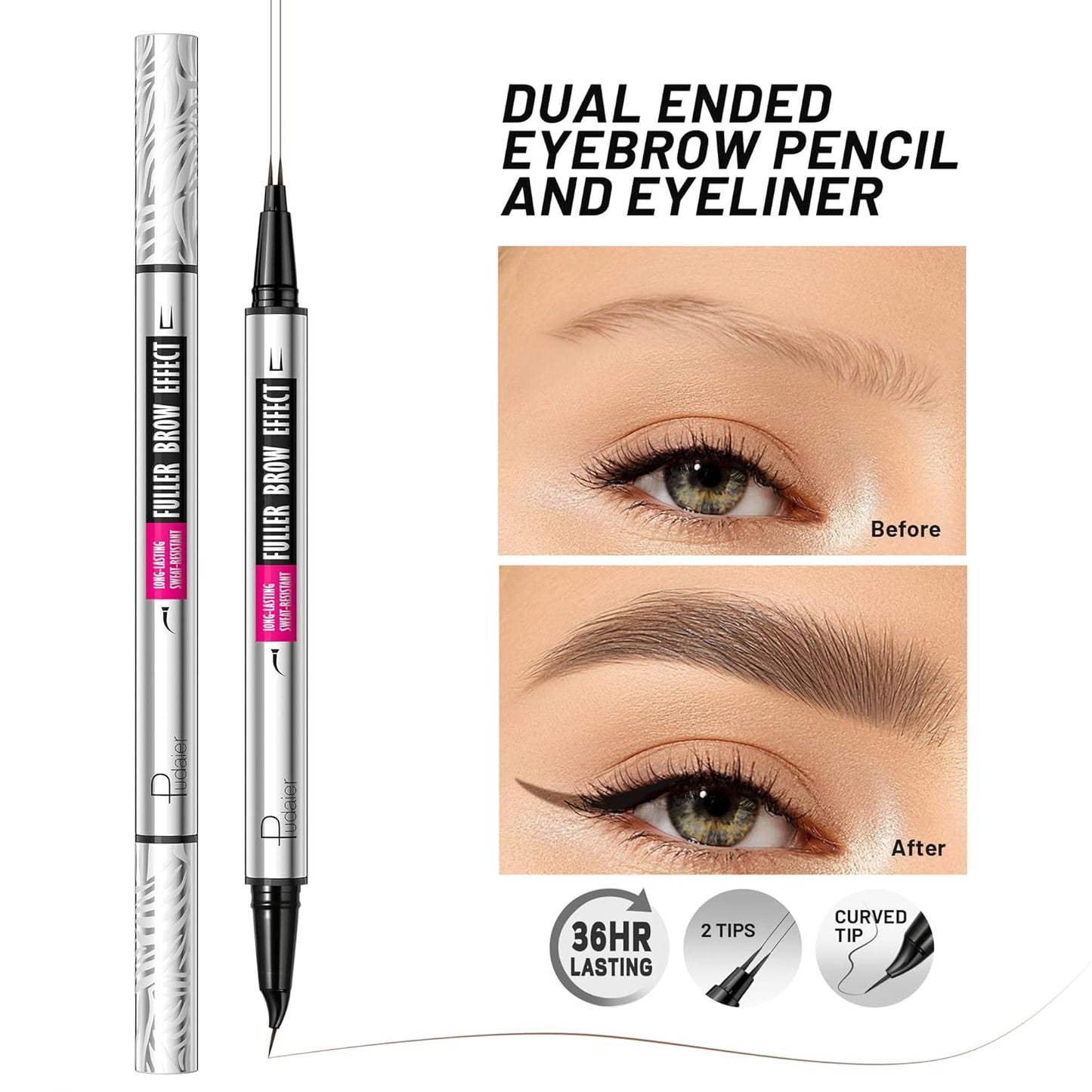 2 Pack 2 Fine Tip Eyebrow Pen, Waterproof Filling Faux Brow Makeup Pencils for Women with Precise Curved Brush-Tip to Fast Create Natural Hair-Like Brows, Last All-Day (Natural Brown)