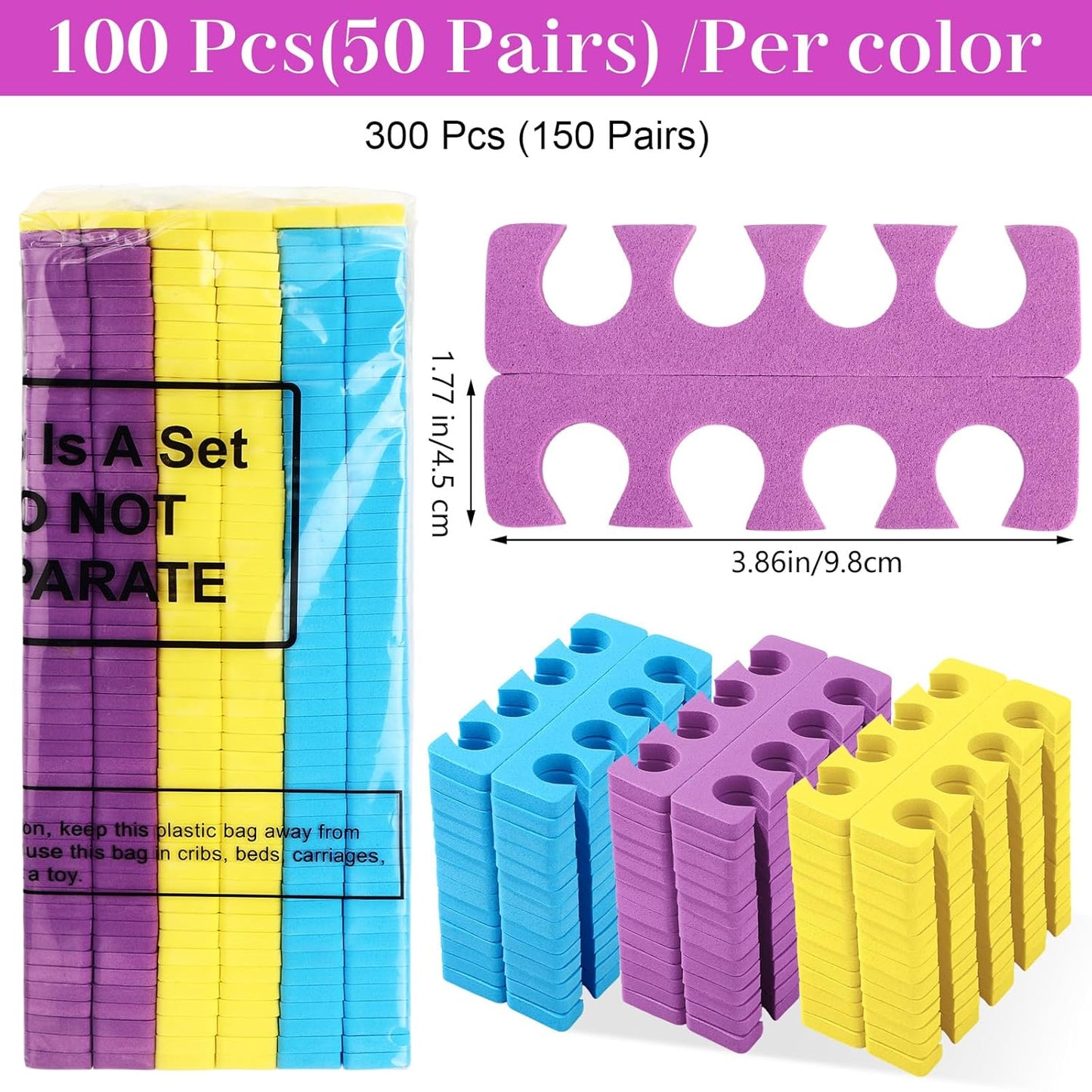 LemonRoad 300 Pcs (150 Pairs) Sponge Toe Separator Pedicure Finger Separator Tool Toe Divider Spacer Soft for Polishing Pedicure Manicure Coating Gel Painting Nail Beauty Accessory(Classic Color)