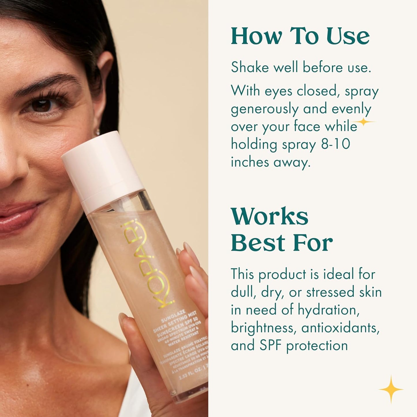 Kopari Sunglaze Sheer Setting Mist Sunscreen SPF 50, Weightless, Fast Drying, Ultra-Fine Setting Spray, Made With Hyaluronic Acid, Sets Makeup For A Hydrated, Dewy Finish, 2.53 fl oz