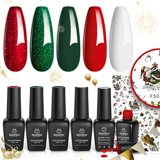 Beetles Green Gel Nail Polish Set, Sparkle Red Green Gel Polish Kit Soak Off UV LED Gel Nail Kit Manicure Gift with Nail Strengthener Gel