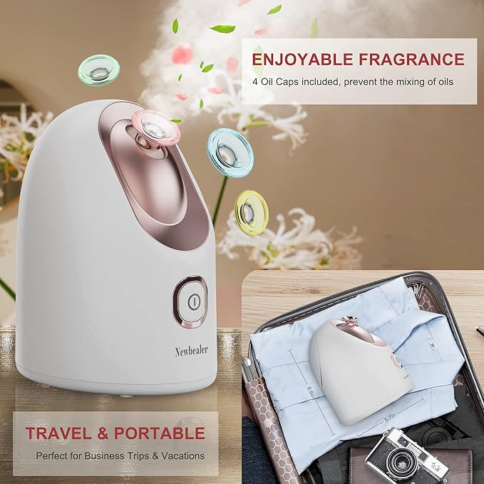 Newbealer Facial Steamer, Mini Aroma Face Steamer, Nano Ionic Hot Mist Face Humidifier for Facial Deep Cleaning, Home Sauna Spa Sprayer with 9 Pieces Acne Remover Kit (White-Gold, 160 ML)
