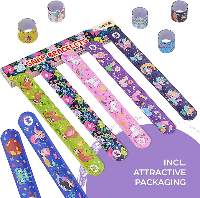 Magicat Premium Slap Bracelets - 12 Fun Snap Bracelets for Kids - Girls and Boys Birthday Party Gift, Classroom Prizes and Basket Stuffers - Slap Bracelets for Kids - Unicorn, Robot, Princess