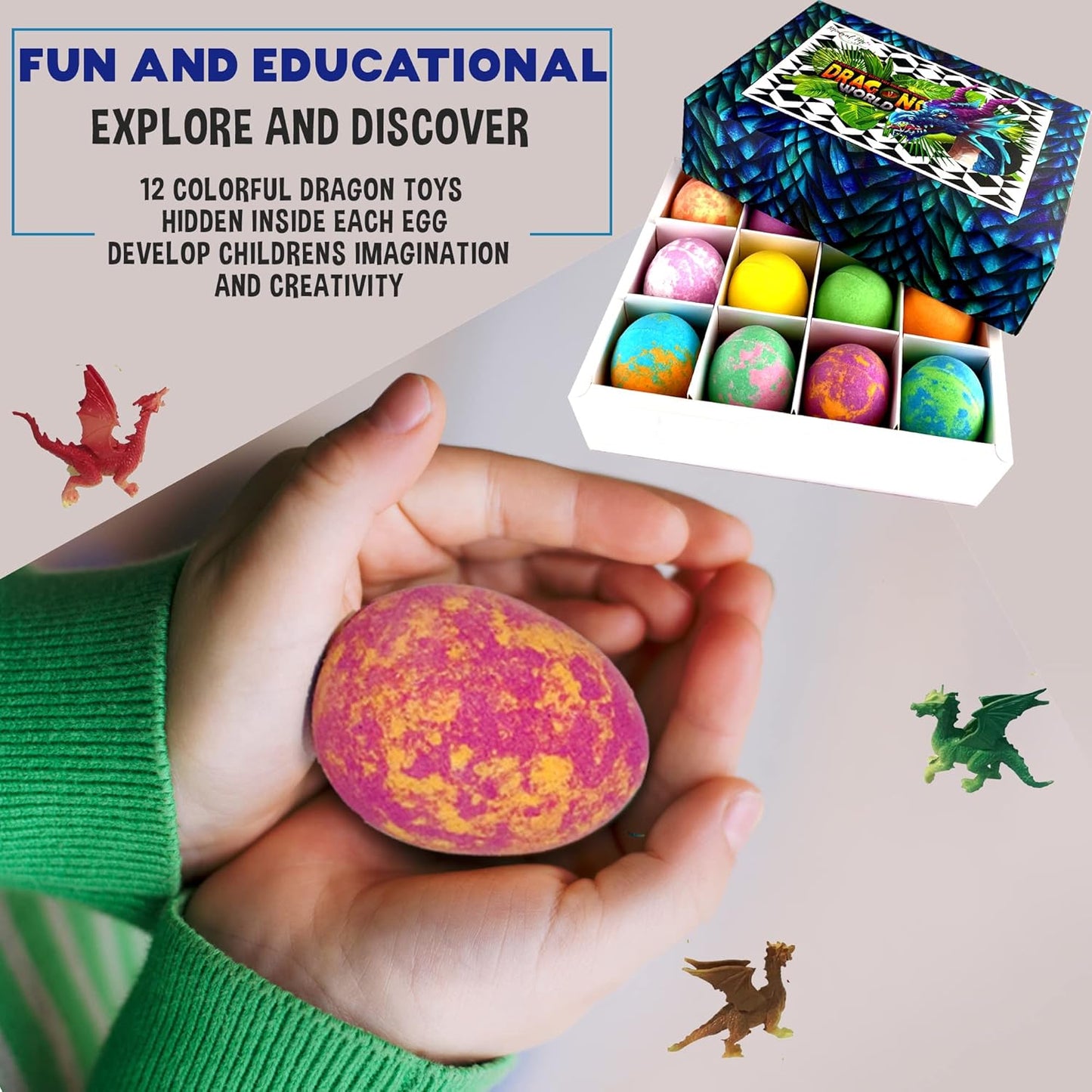 Bath Bombs for Kids with Surprise Inside - 12 Organic Bubble Bath Fizzies with Dragon Egg Toys. Gentle & Kids Friendly w/Rich Bubbles & Rainbow Colors, Birthday Gifts for Boys, Girls