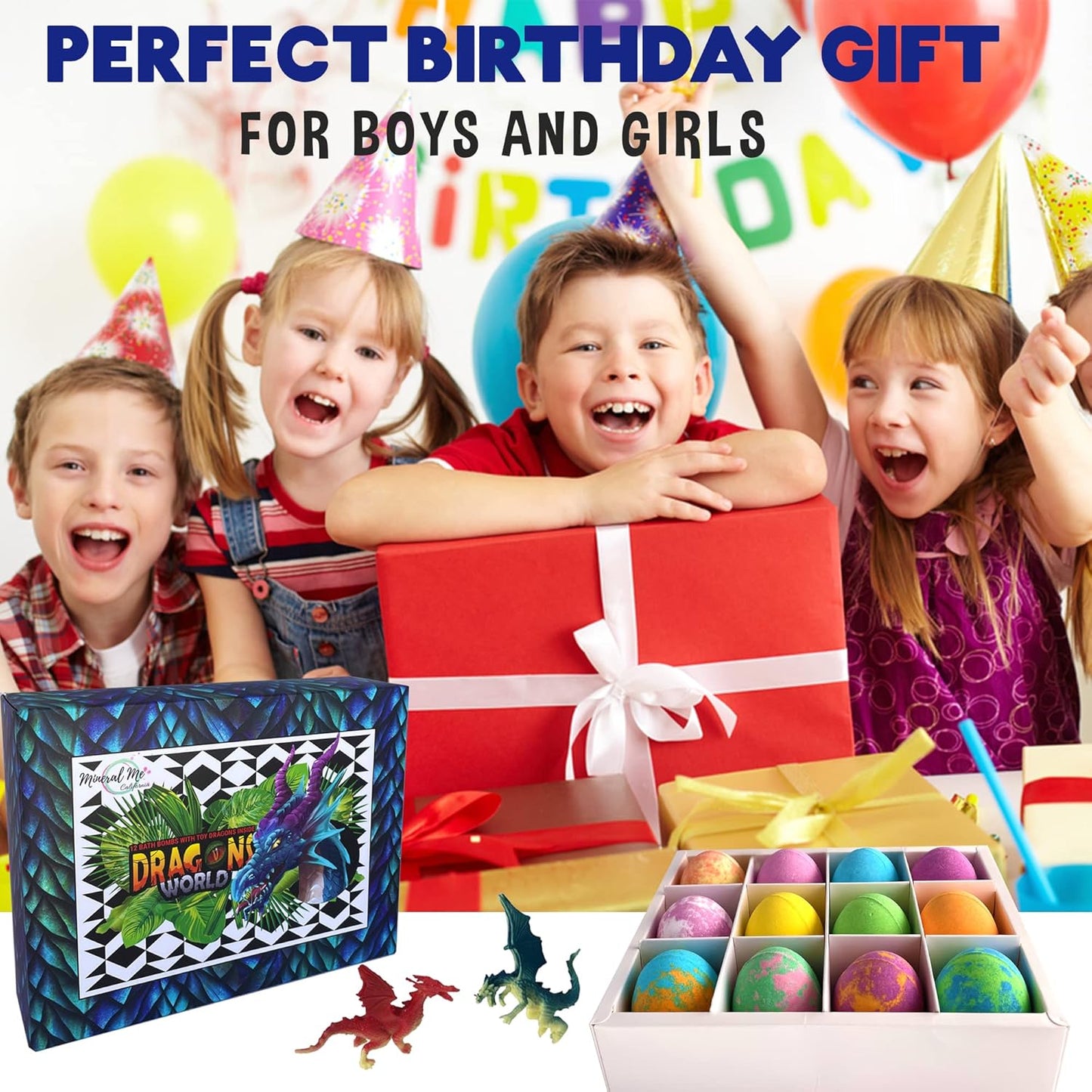 Bath Bombs for Kids with Surprise Inside - 12 Organic Bubble Bath Fizzies with Dragon Egg Toys. Gentle & Kids Friendly w/Rich Bubbles & Rainbow Colors, Birthday Gifts for Boys, Girls