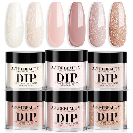 AZUREBEAUTY Dip Powder Nail Nude Set Light Pink Champagne Shimmery, All Seasons 6 Colors Dipping Powder Starter Kit French Nail Art Manicure DIY Salon for Women, No Need Nail Lamp Cured
