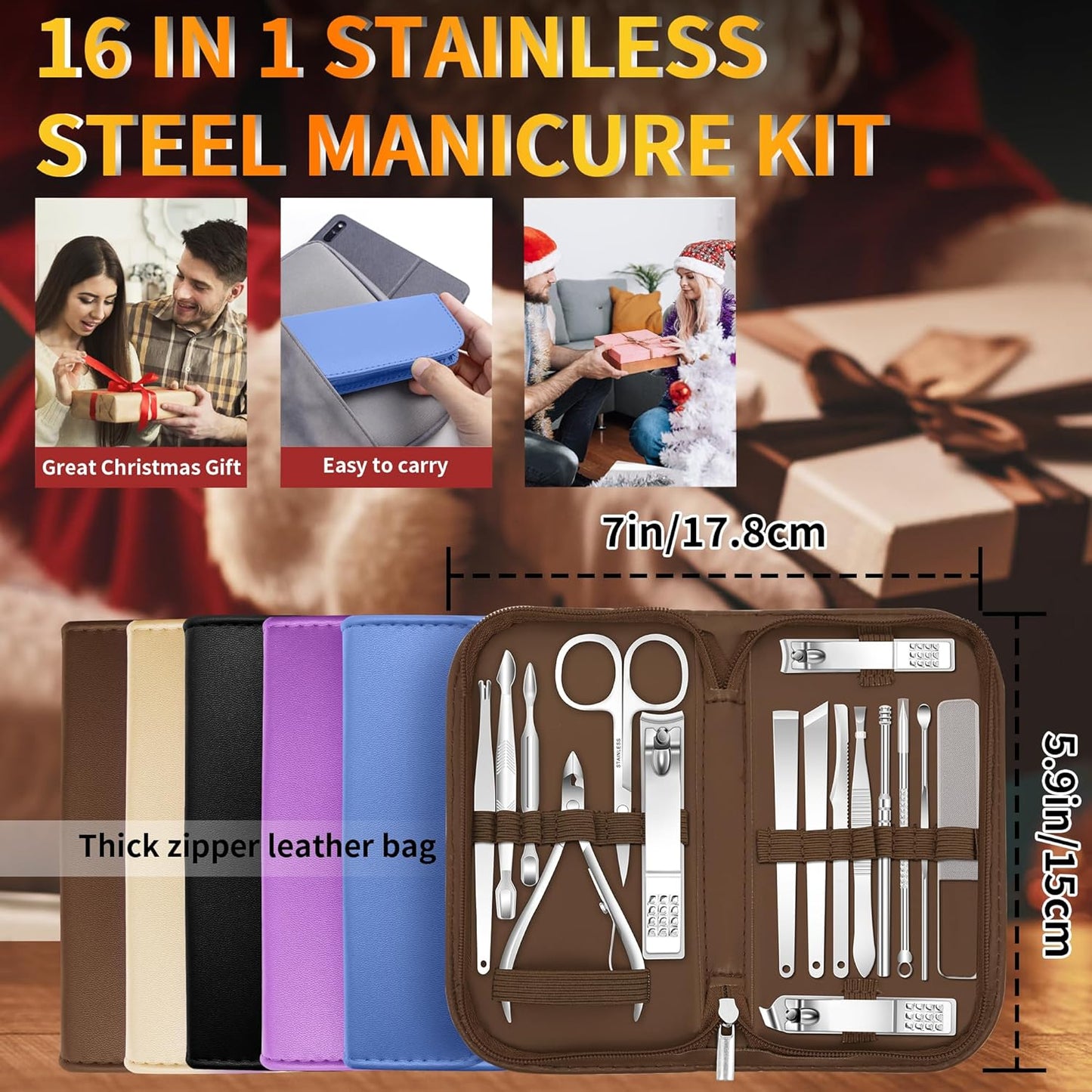Manicure Set 16 In 1 Professional Stainless Steel Pedicure Kit Toenail Clippers Set Mens Grooming Kit Fingernail Kit for Women with Luxurious Travel Bag, Suitable for Home, Travel, and Salon (Brown)