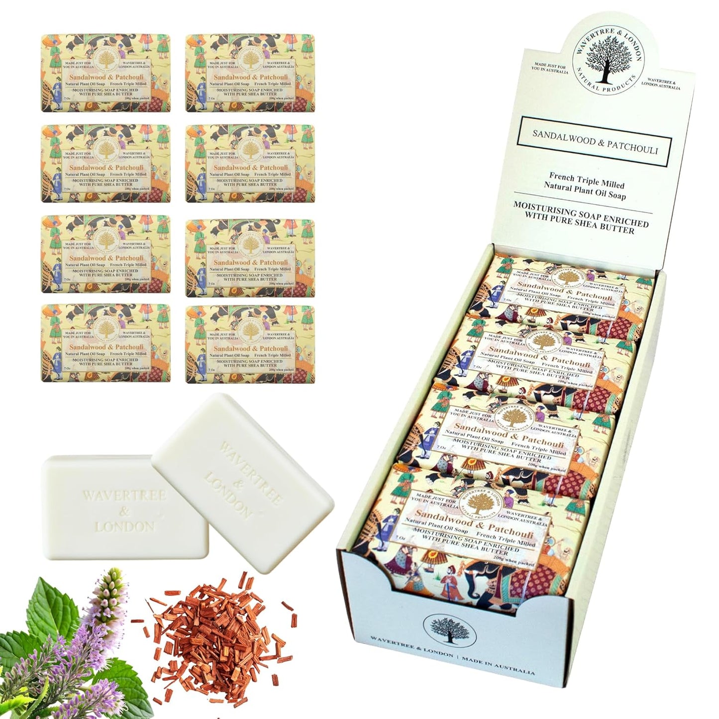 Wavertree & London Sandalwood & Patchouli Scented Natural Soap Bars (Pack of 8), 7oz Moisturizing French Triple Milled Soap Bars enriched with shea butter, Plant Based Safe for All Skin Types