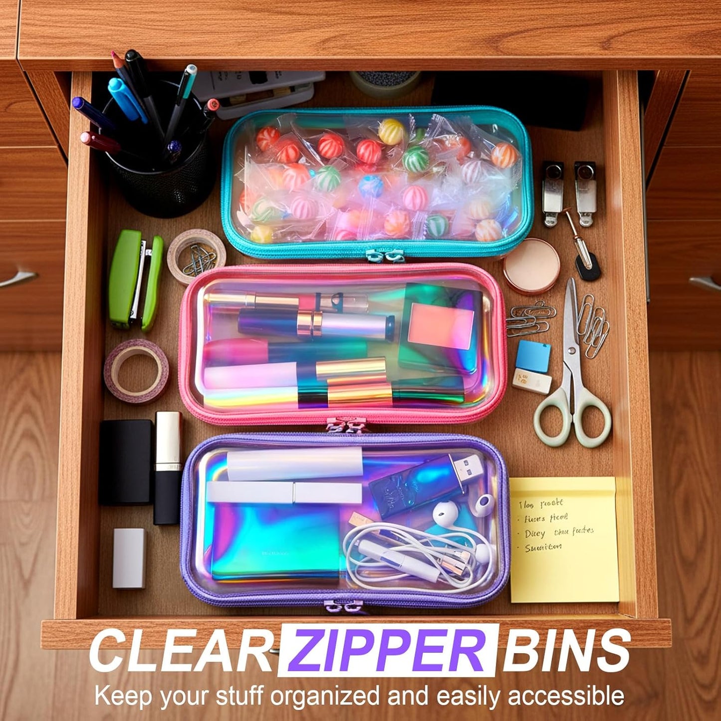 Hoolerry 3 Pcs Clear Hard Zipper Case Plastic Pouch Transparent Hard Case Clear Makeup Bag Portable Travel Organizer Bin for Cosmetics, Building Blocks, Puzzles(Laser,S)