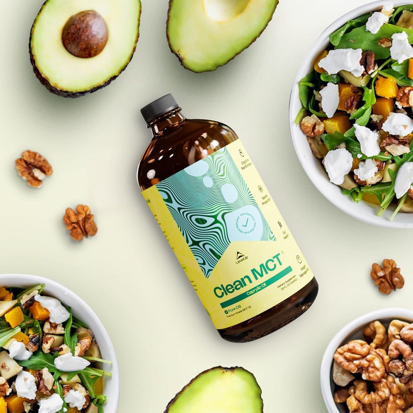 LevelUp Clean MCT Oil - 100% Caprylic C8 for Energy, Focus, Gut Health, Brain Superfuel - Keto Supplement for Ketogenic Coffee and Ketones - Non-GMO (32 oz Glass Bottle)