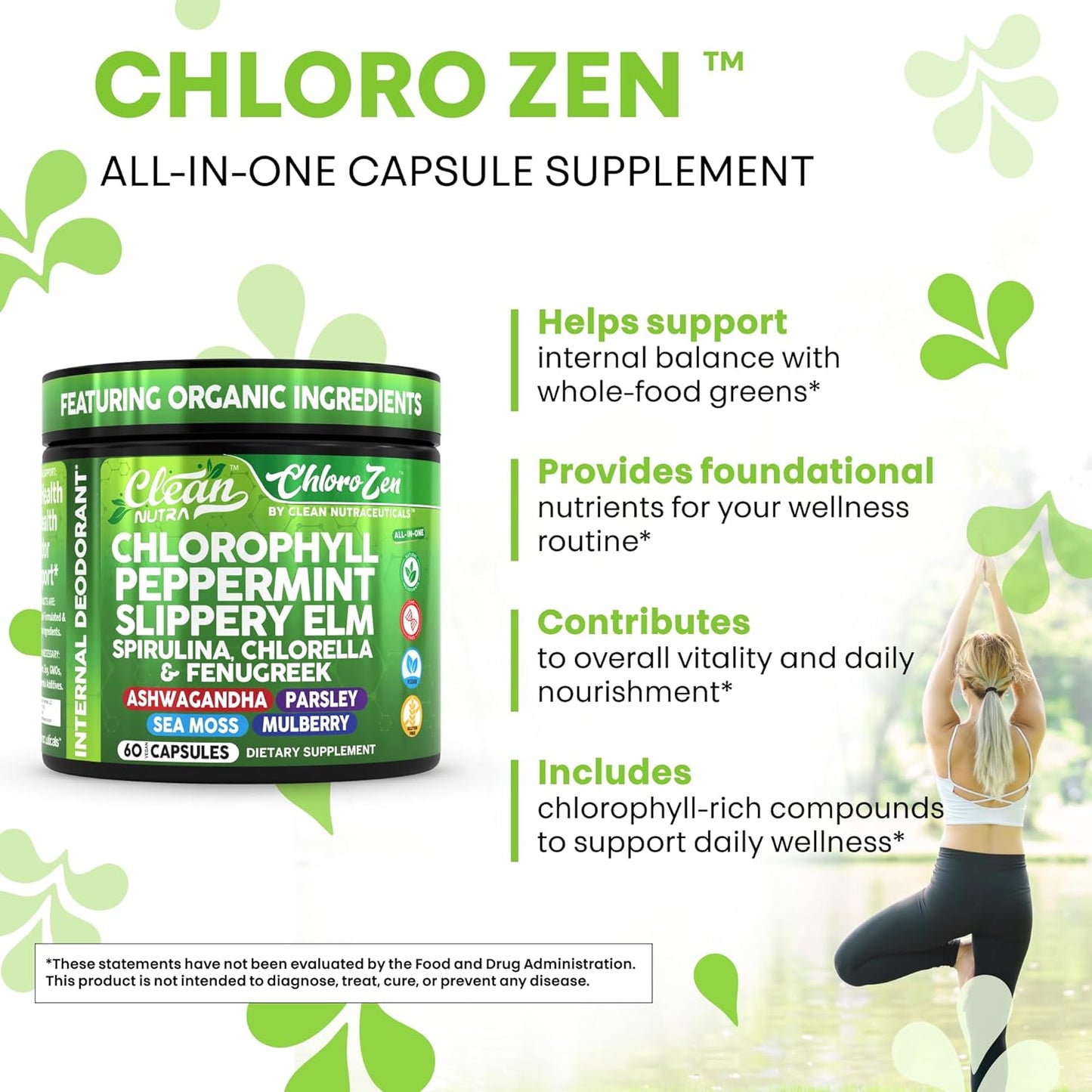 Clean Nutra Chlorophyll Peppermint Slippery Elm Spirulina Chlorella Fenugreek Ashwagandha Sea Moss Supplement – Ph Balance for Women Detox Internal Deodorant Supplements + Prebiotics 60 Vegan Capsules